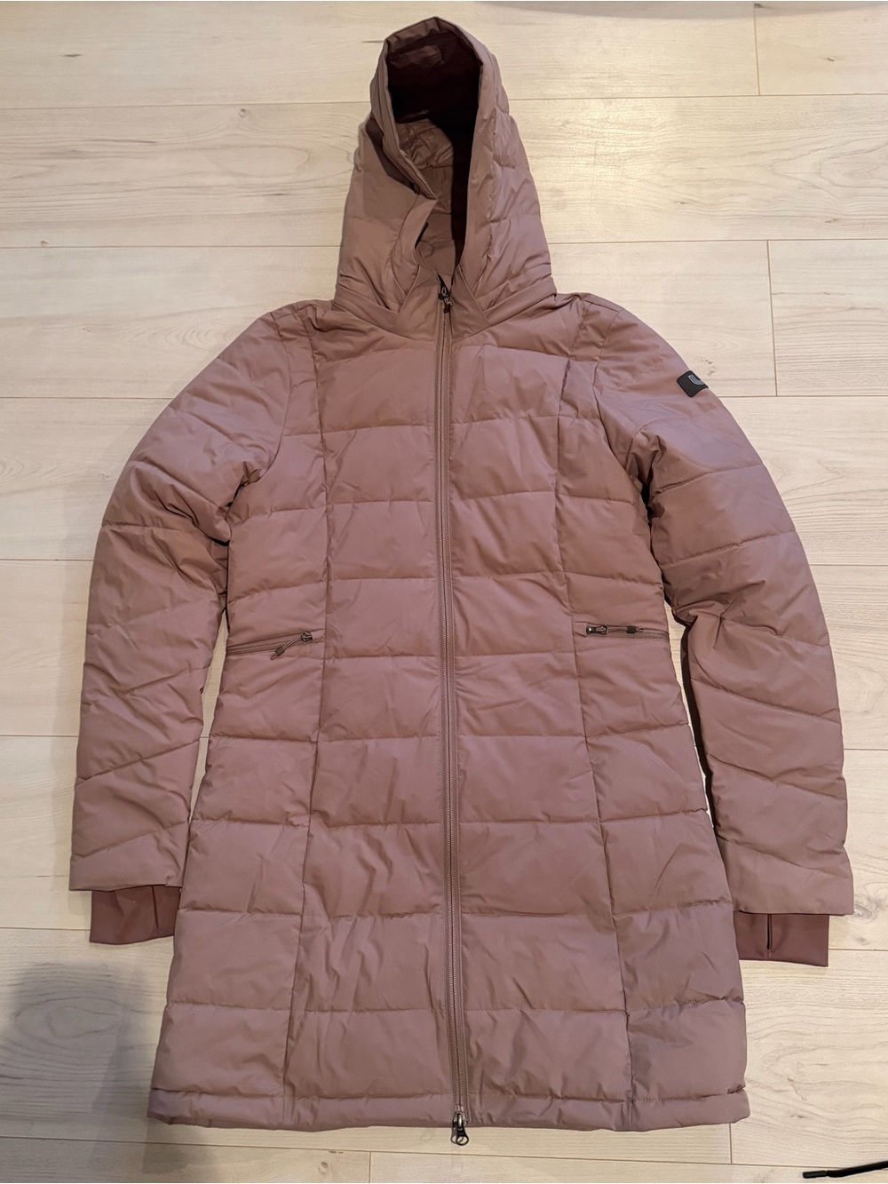 NWOT Lole Long Hooded Puffer Coat in Dusty Mauve